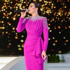 Muslimischen Fuschia Meerjungfrau Abendkleider Kleider 2025 Perlen Elegante Für Frauen Hochzeit Party LA71004 