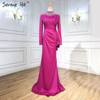 Muslimischen Fuschia Meerjungfrau Abendkleider Kleider 2025 Perlen Elegante Für Frauen Hochzeit Party LA71004 
