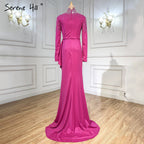 Muslimischen Fuschia Meerjungfrau Abendkleider Kleider 2025 Perlen Elegante Für Frauen Hochzeit Party LA71004 