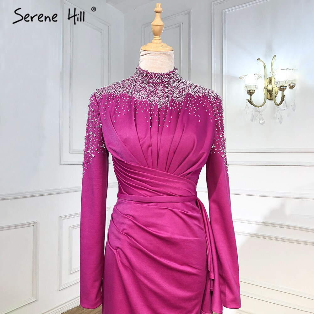 Muslimischen Fuschia Meerjungfrau Abendkleider Kleider 2025 Perlen Elegante Für Frauen Hochzeit Party LA71004 