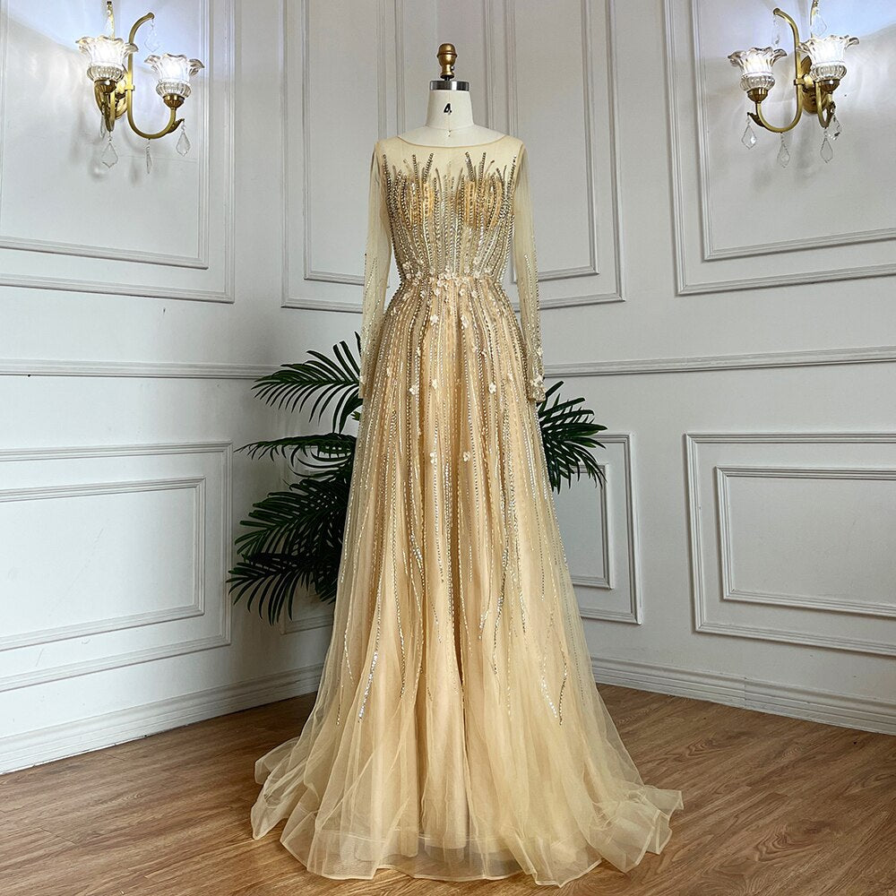 Muslimischen Gold EINE Linie Perlen Kristall Appliques Luxus Lange Abendkleider Kleider Für Frauen Hochzeit Party 2025 LA71957 