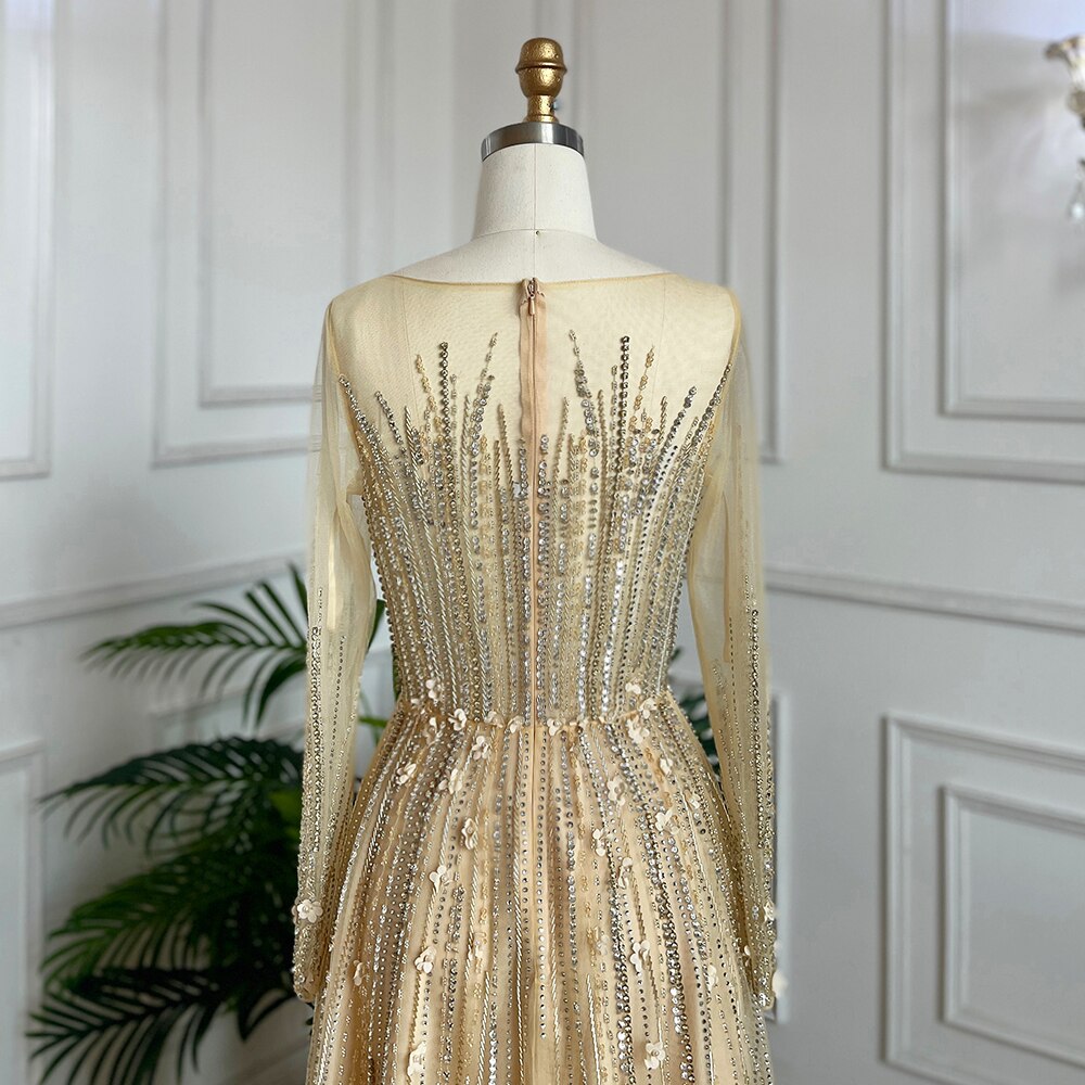 Muslimischen Gold EINE Linie Perlen Kristall Appliques Luxus Lange Abendkleider Kleider Für Frauen Hochzeit Party 2025 LA71957 