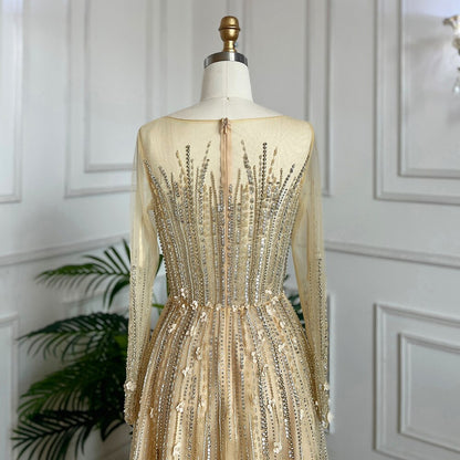 Muslim Gold A Line Beaded Crystal Appliques Luxury Long Evening Dresses Gowns For Women Wedding Party 2025 LA71957