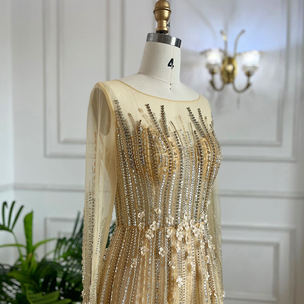 Muslimischen Gold EINE Linie Perlen Kristall Appliques Luxus Lange Abendkleider Kleider Für Frauen Hochzeit Party 2025 LA71957 