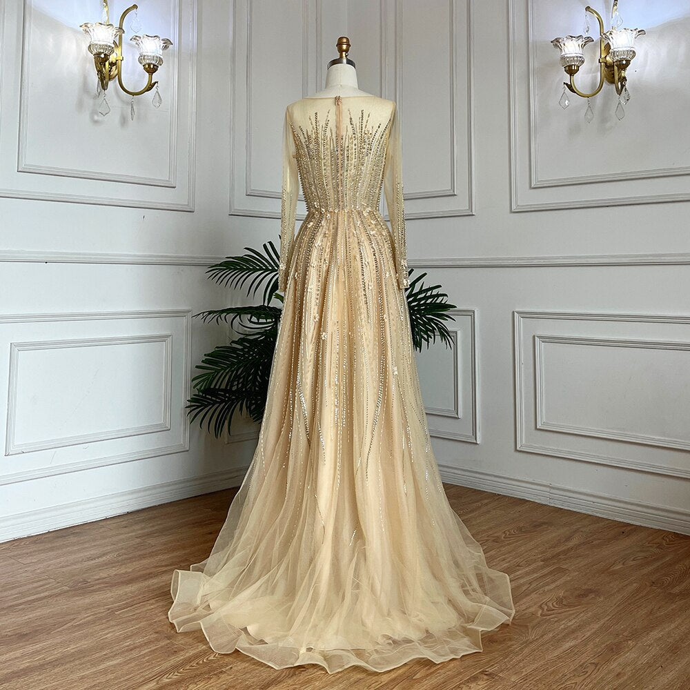 Muslimischen Gold EINE Linie Perlen Kristall Appliques Luxus Lange Abendkleider Kleider Für Frauen Hochzeit Party 2025 LA71957 