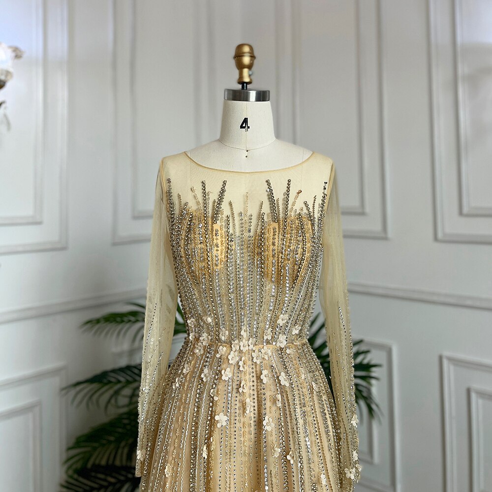 Muslimischen Gold EINE Linie Perlen Kristall Appliques Luxus Lange Abendkleider Kleider Für Frauen Hochzeit Party 2025 LA71957 