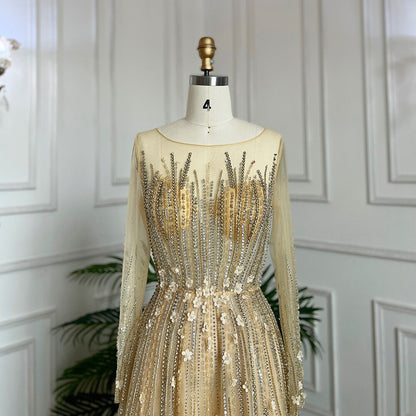 Muslim Gold A Line Beaded Crystal Appliques Luxury Long Evening Dresses Gowns For Women Wedding Party 2025 LA71957