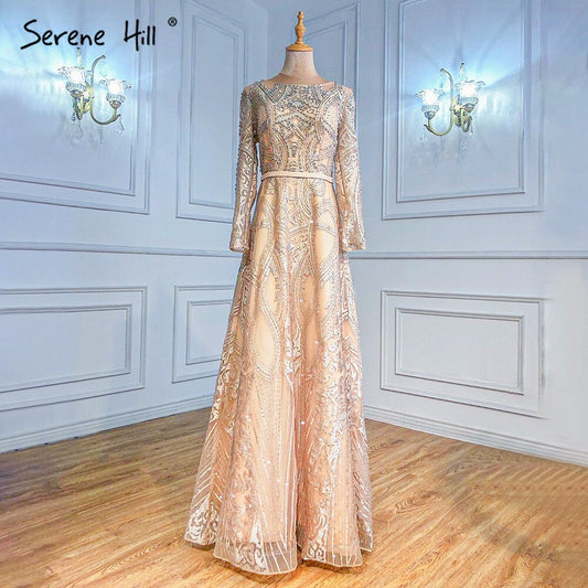 Muslim Gold A-Line Evening Dresses Gowns 2025 Beaded Luxury For Woman Wedding Party LA70778