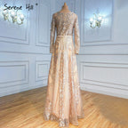 Muslim Gold A-Line Evening Dresses Gowns 2025 Beaded Luxury For Woman Wedding Party LA70778