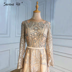 Muslim Gold A-Line Evening Dresses Gowns 2025 Beaded Luxury For Woman Wedding Party LA70778