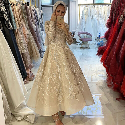 Muslim Gold  A-Line Evening Dresses Gowns 2025 Lace Beading Crystal For Women Party LA70957