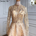 Muslim Gold  A-Line Evening Dresses Gowns 2025 Lace Beading Crystal For Women Party LA70957