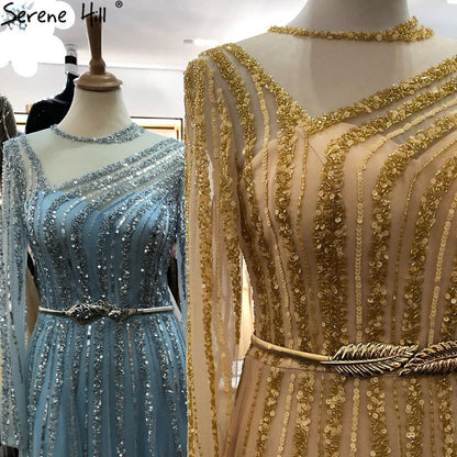 Muslim Gold A-Line Evening Dresses Gowns 2025 Luxury Beaded Sashes For Women Party LA71458
