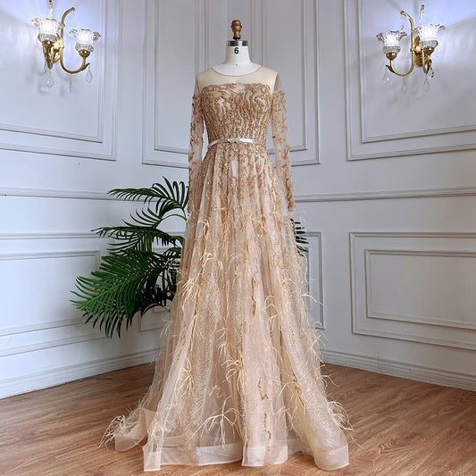 Muslim Gold A Line Lace Beaded Feathers Arabic Luxury Evening Dresses Gowns 2025 For Women Wedding Party LA71935
