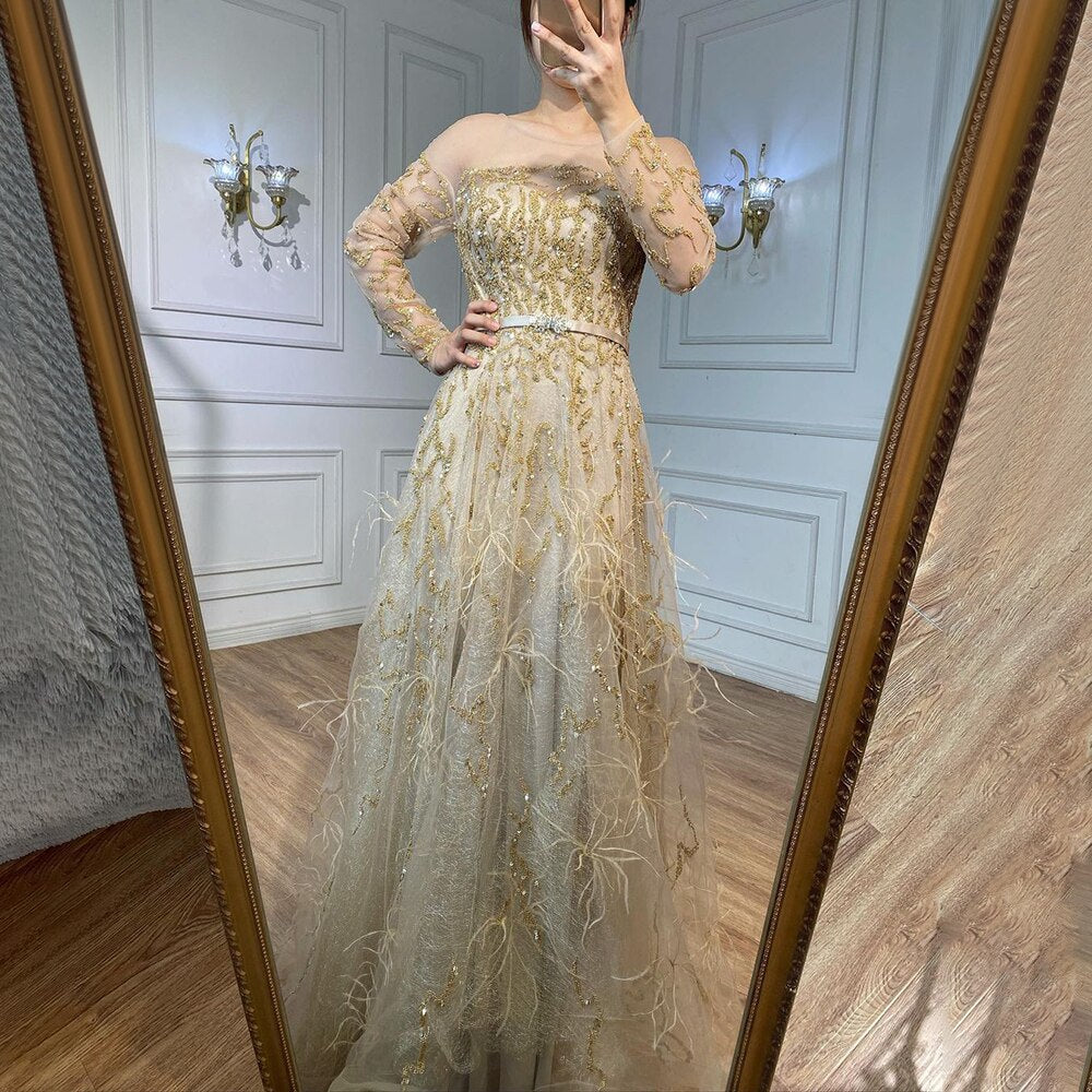 Muslimischen Gold EINE Linie Spitze Perlen Federn Arabisch Luxus Abendkleider Kleider 2025 Für Frauen Hochzeit Party LA71935 