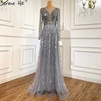 Muslim Gold A-Line Luxury Evening Dresses Gowns 2025 Sparkle Beading Long Sleeves Sexy For Women Party LA70674