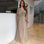 Muslim Gold A-Line Luxury Evening Dresses Gowns 2025 Sparkle Beading Long Sleeves Sexy For Women Party LA70674
