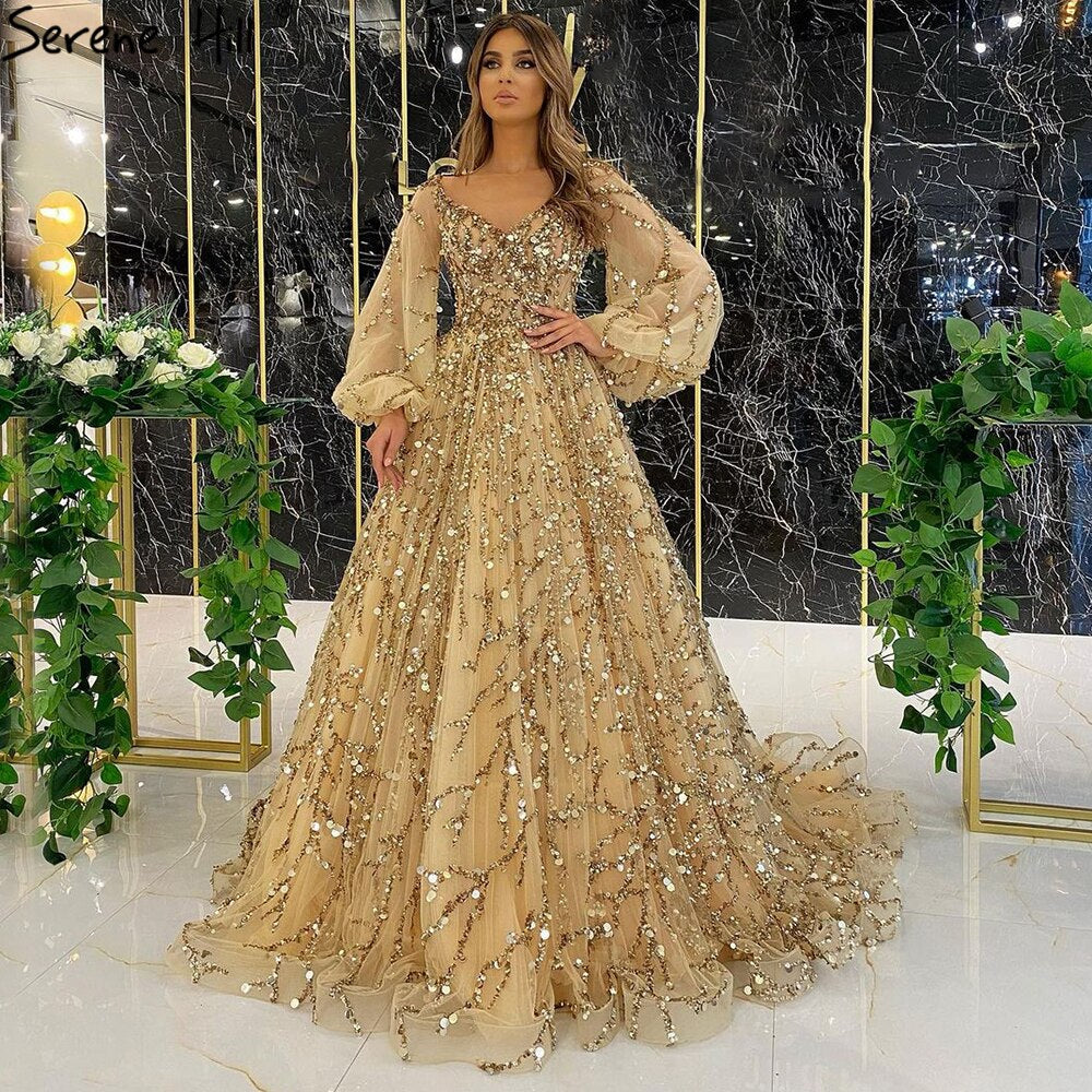 Vestidos de noche musulmanes dorados de lujo, corte A, mangas abullonadas, con cuentas, sexys, formales, para fiesta, LA71049 