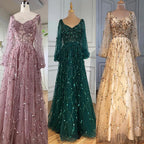 Vestidos de noche musulmanes dorados de lujo, corte A, mangas abullonadas, con cuentas, sexys, formales, para fiesta, LA71049 
