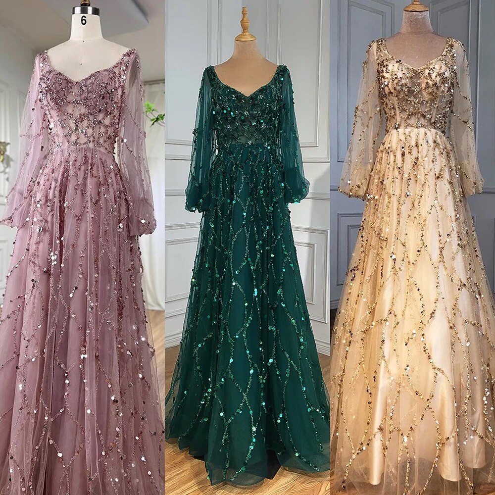 Vestidos de noche musulmanes dorados de lujo, corte A, mangas abullonadas, con cuentas, sexys, formales, para fiesta, LA71049 
