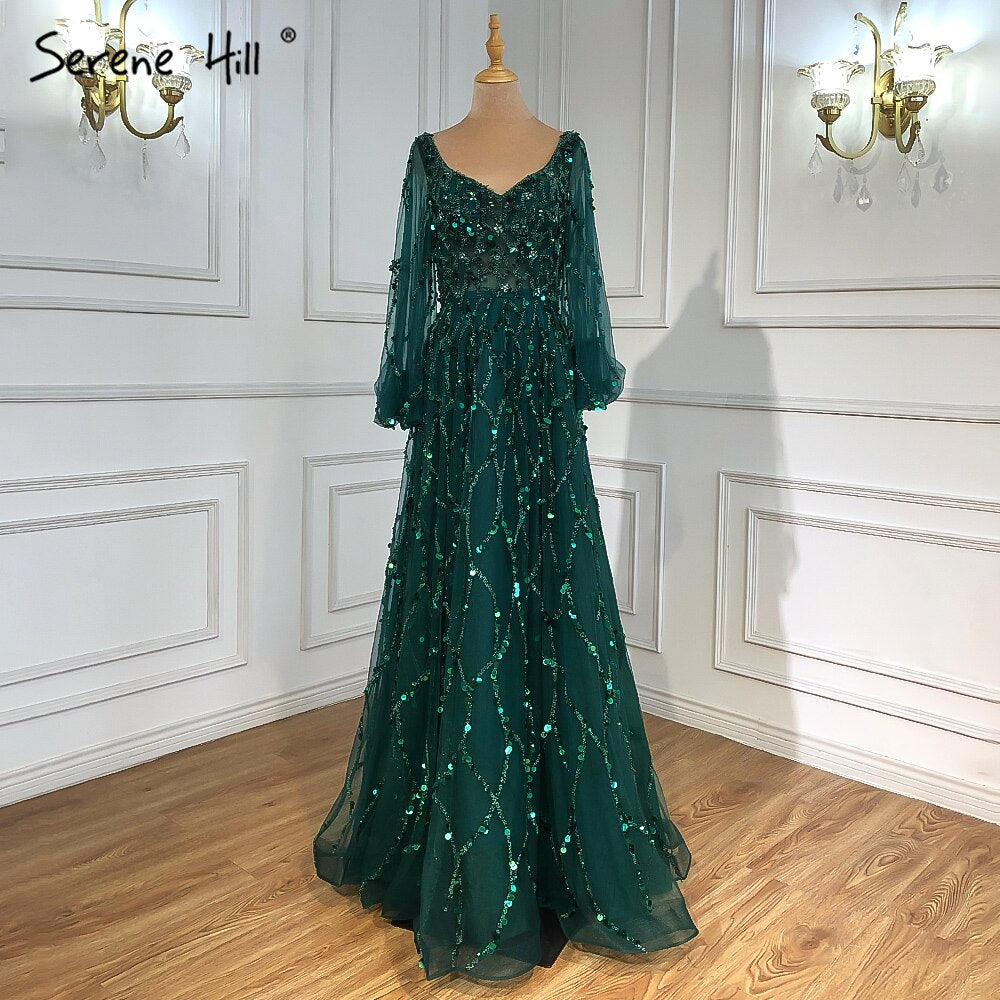 Vestidos de noche musulmanes dorados de lujo, corte A, mangas abullonadas, con cuentas, sexys, formales, para fiesta, LA71049 
