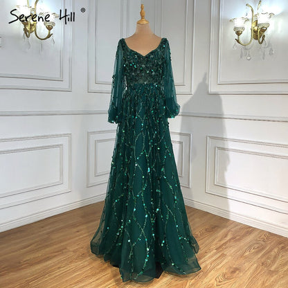 Muslim Gold Luxury A-Line Evening Dreses Gowns 2025 Puff Sleeves Beaded Sexy Formal Woman Party LA71049