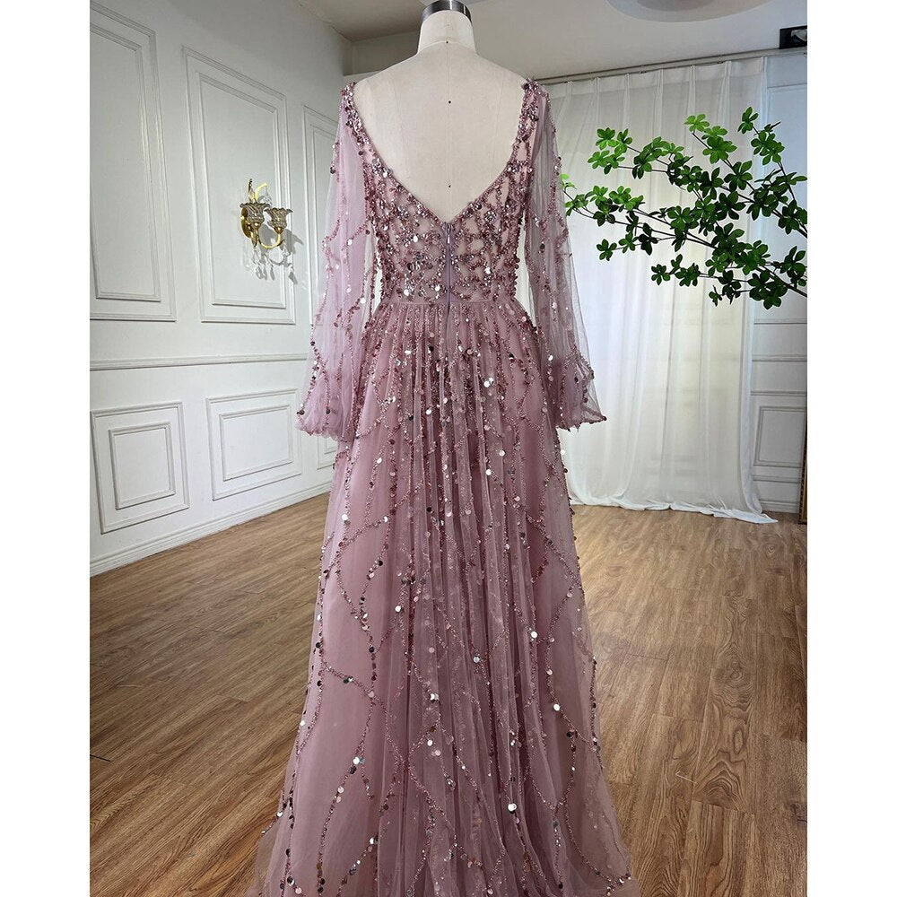 Vestidos de noche musulmanes dorados de lujo, corte A, mangas abullonadas, con cuentas, sexys, formales, para fiesta, LA71049 