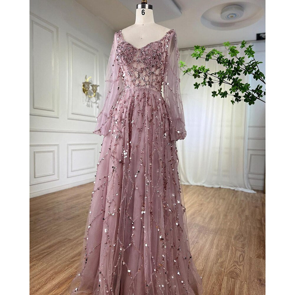 Vestidos de noche musulmanes dorados de lujo, corte A, mangas abullonadas, con cuentas, sexys, formales, para fiesta, LA71049 