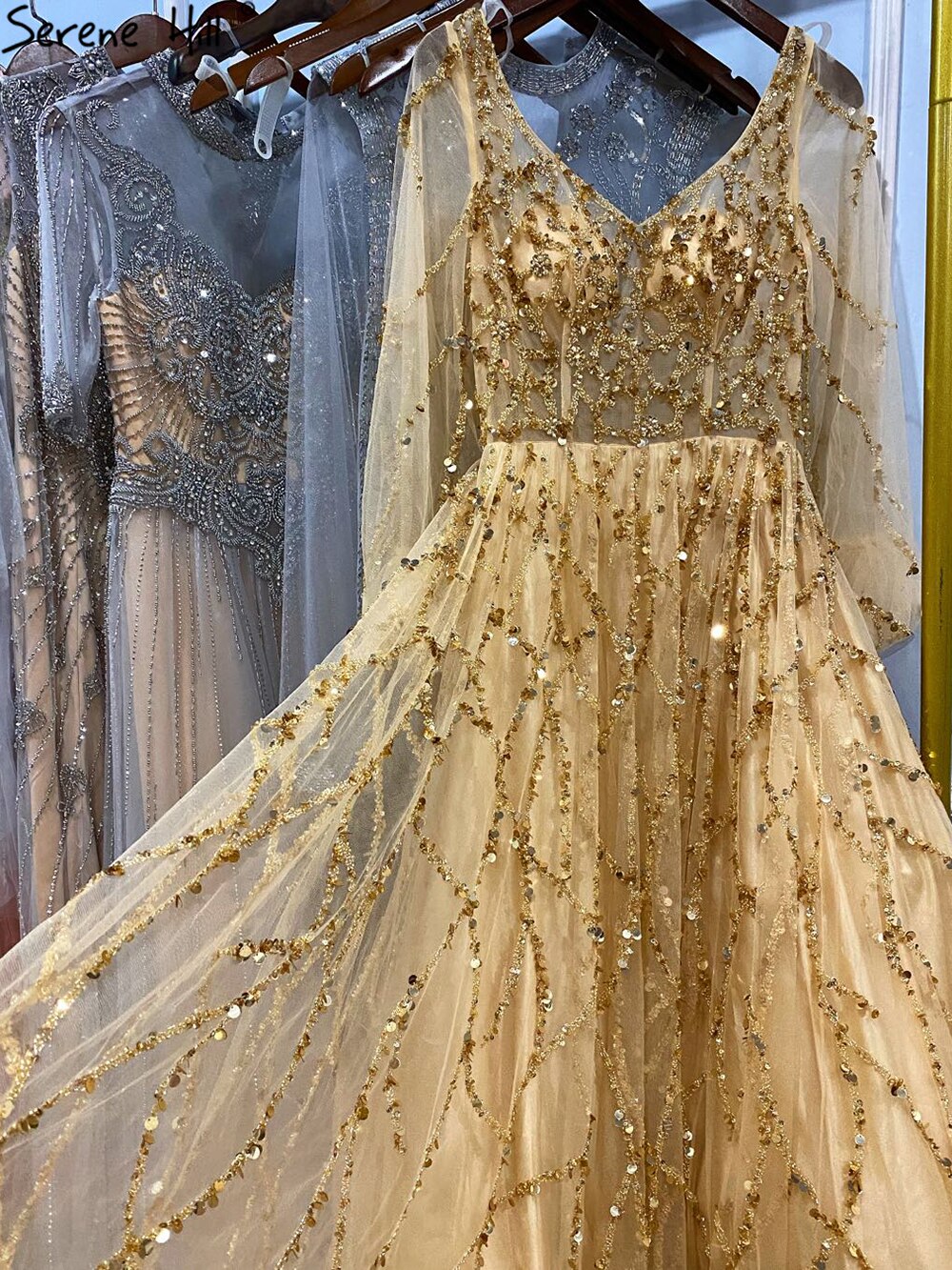 Vestidos de noche musulmanes dorados de lujo, corte A, mangas abullonadas, con cuentas, sexys, formales, para fiesta, LA71049 