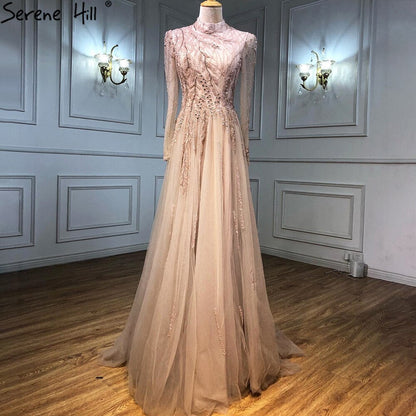 Muslim Gold Luxury Ball Gowns Evening Dress 2025 Long Sleeves Beading Women For Women Party  LA71013