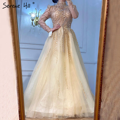 Muslim Gold Luxury Ball Gowns Evening Dress 2025 Long Sleeves Beading Women For Women Party  LA71013