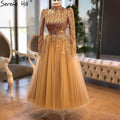 Muslimischen Gold Luxus Abendkleider Kleider 2025 Ankle-Länge A-linie Perlen Für Frauen Party LA70987 