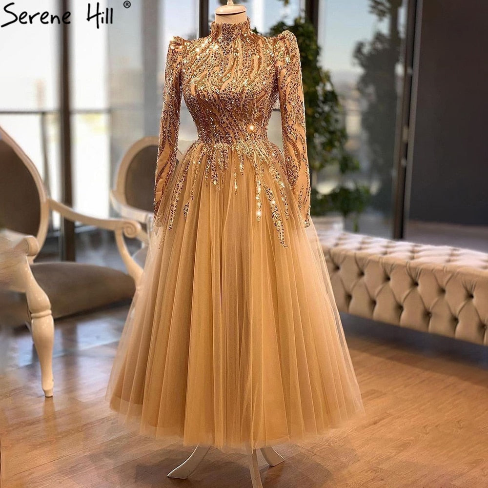 Muslimischen Gold Luxus Abendkleider Kleider 2025 Ankle-Länge A-linie Perlen Für Frauen Party LA70987 