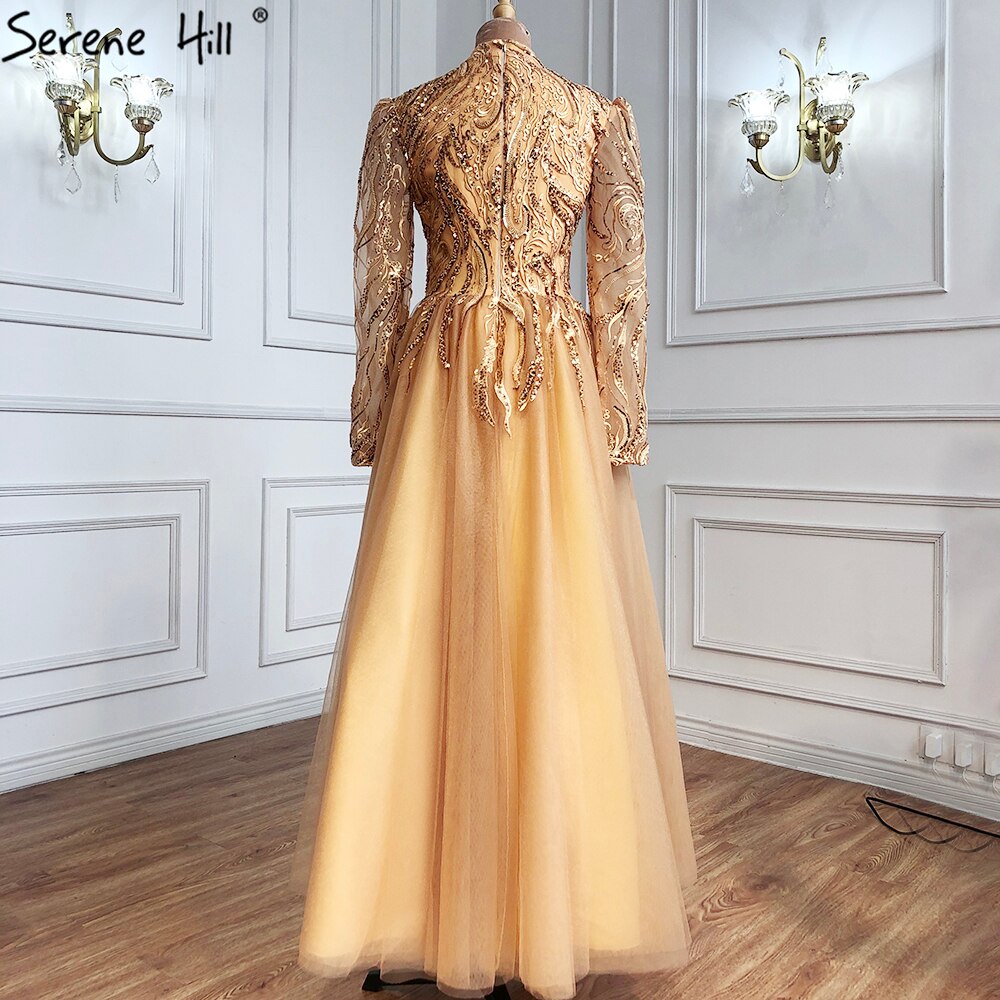 Muslimischen Gold Luxus Abendkleider Kleider 2025 Ankle-Länge A-linie Perlen Für Frauen Party LA70987 