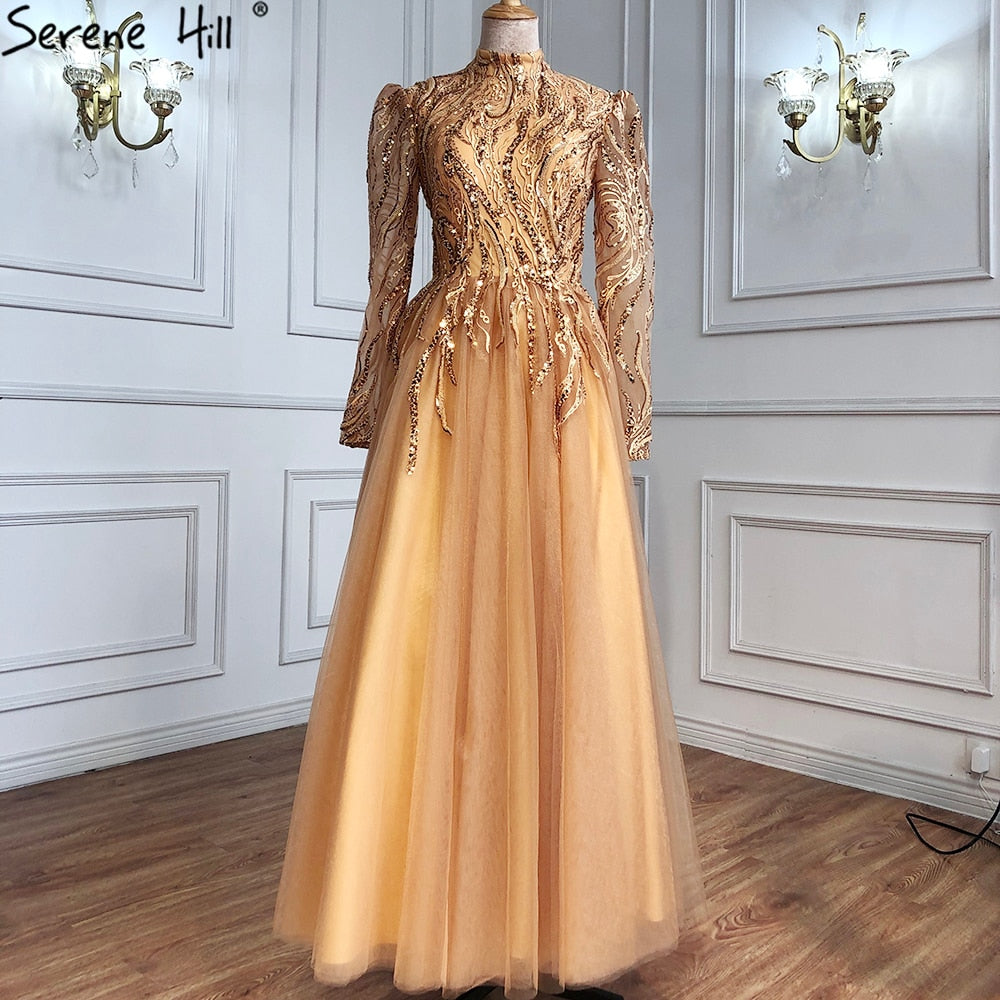 Muslimischen Gold Luxus Abendkleider Kleider 2025 Ankle-Länge A-linie Perlen Für Frauen Party LA70987 