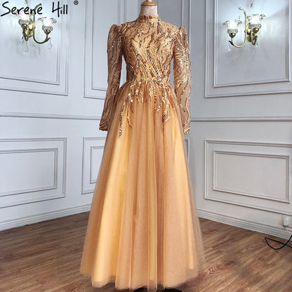 Muslim Gold Luxury Evening Dresses Gowns 2025 Ankle-Length A-Line Beading For Women Party LA70987