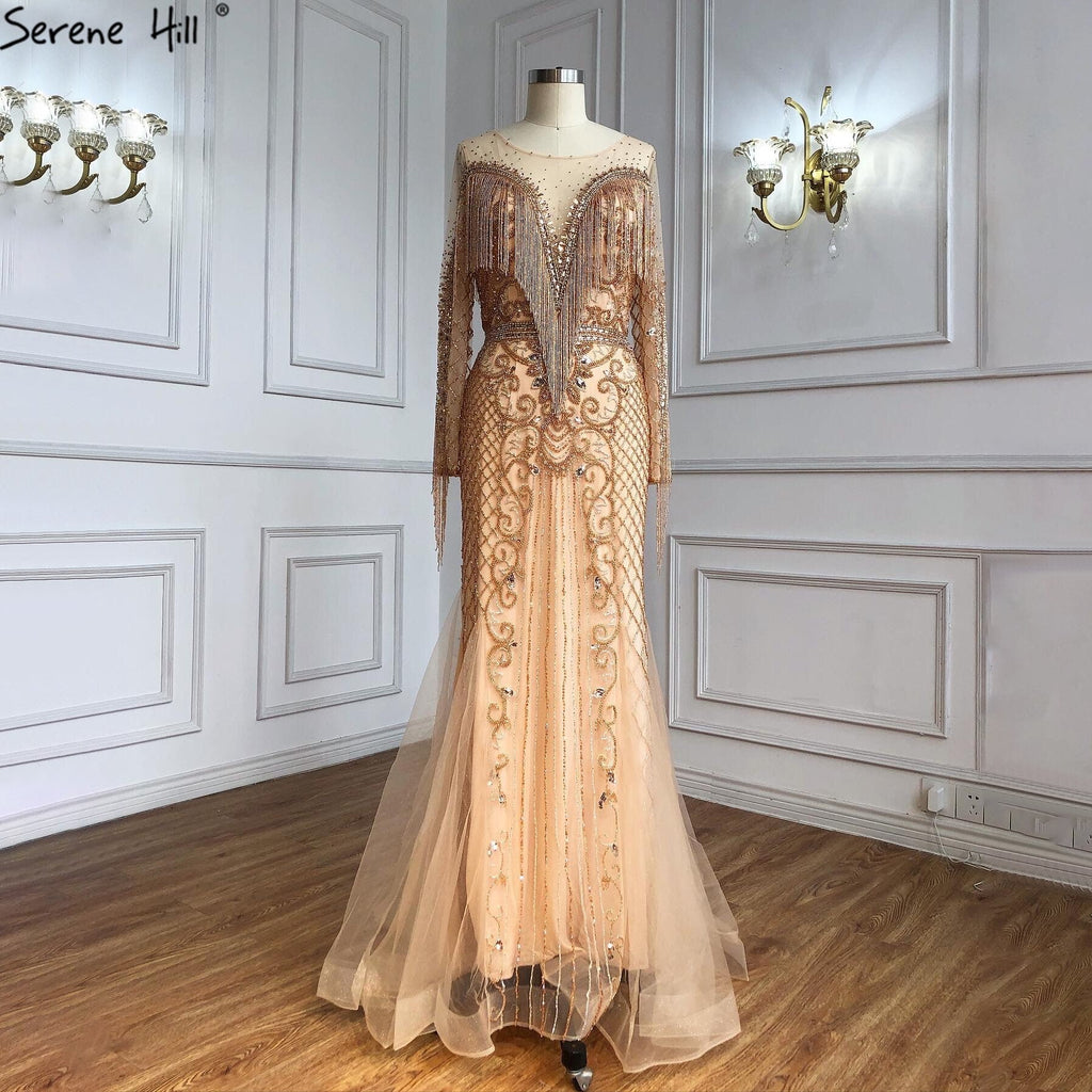 Vestidos de noche musulmanes dorados de lujo, 2025, con borlas de cuentas, elegantes para mujer, fiesta LA60780 