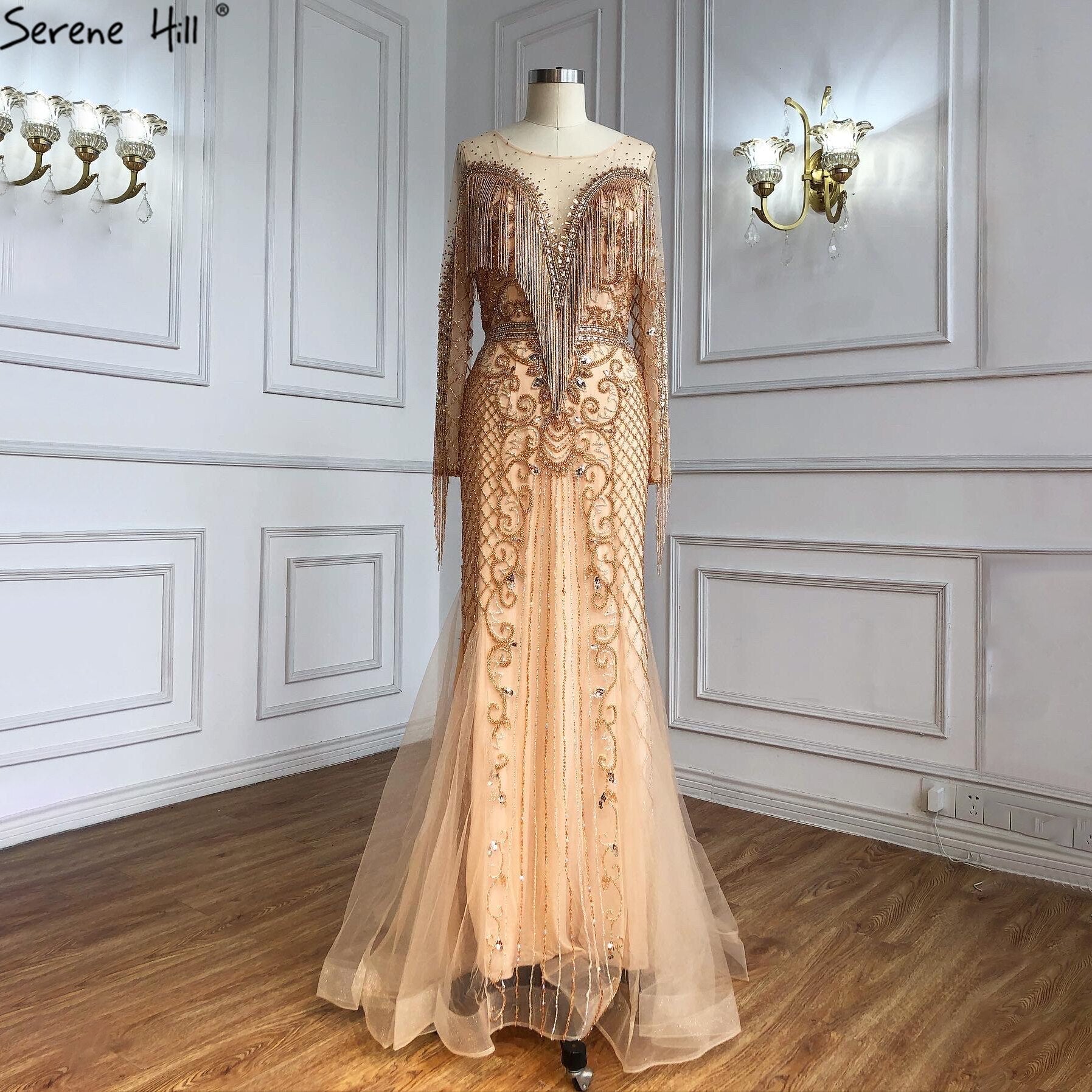 Vestidos de noche musulmanes dorados de lujo, 2025, con borlas de cuentas, elegantes para mujer, fiesta LA60780 