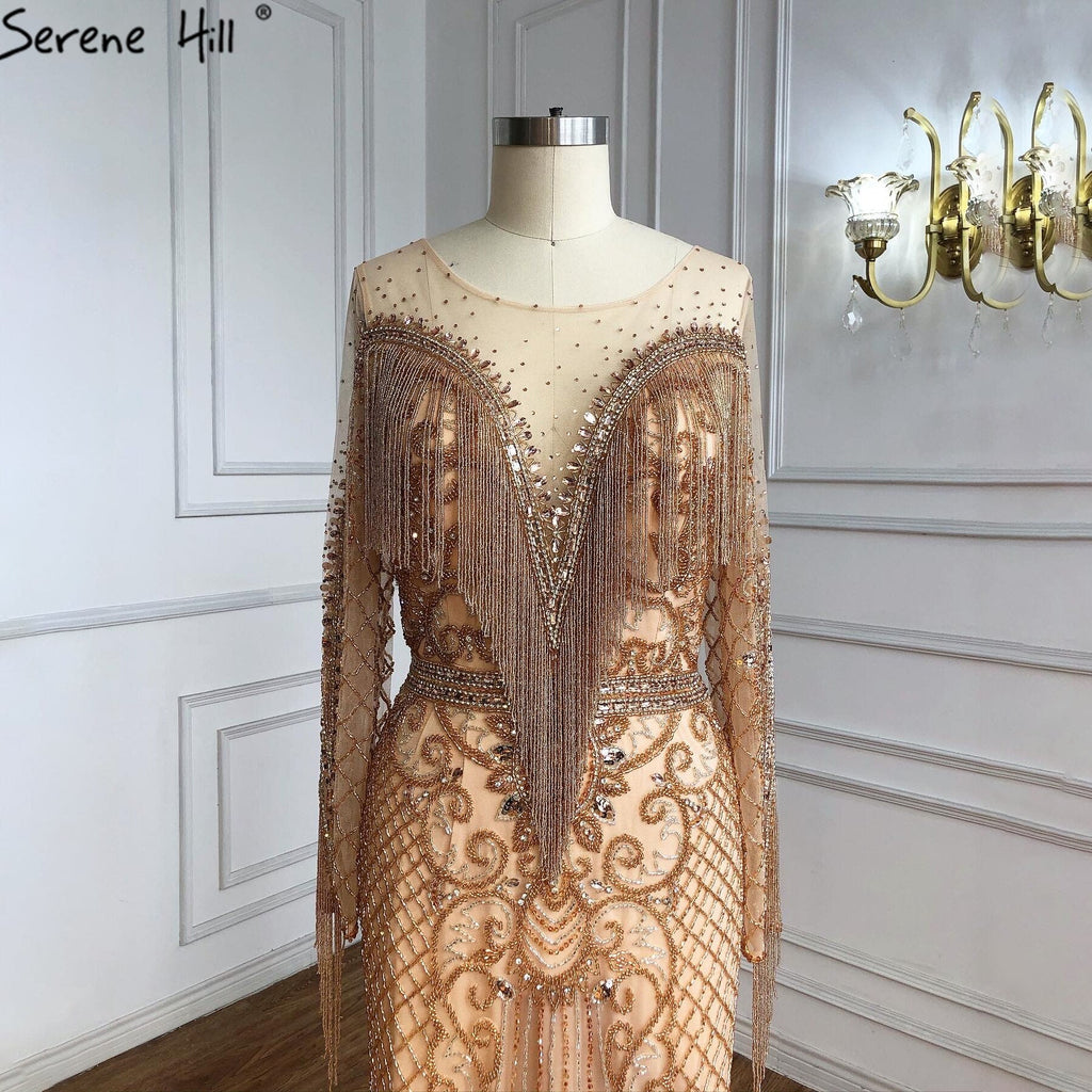 Vestidos de noche musulmanes dorados de lujo, 2025, con borlas de cuentas, elegantes para mujer, fiesta LA60780 