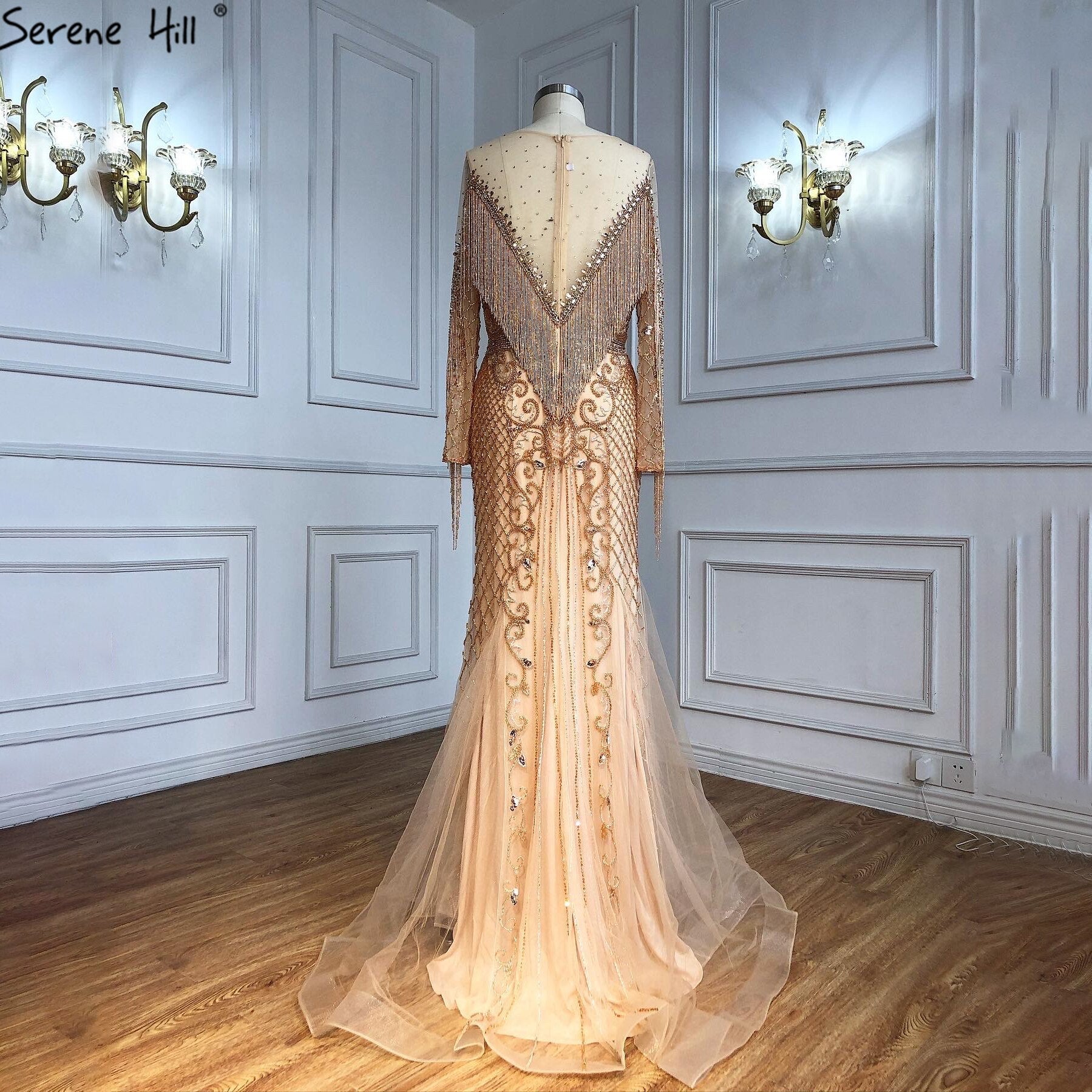 Vestidos de noche musulmanes dorados de lujo, 2025, con borlas de cuentas, elegantes para mujer, fiesta LA60780 
