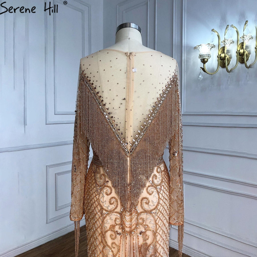 Vestidos de noche musulmanes dorados de lujo, 2025, con borlas de cuentas, elegantes para mujer, fiesta LA60780 