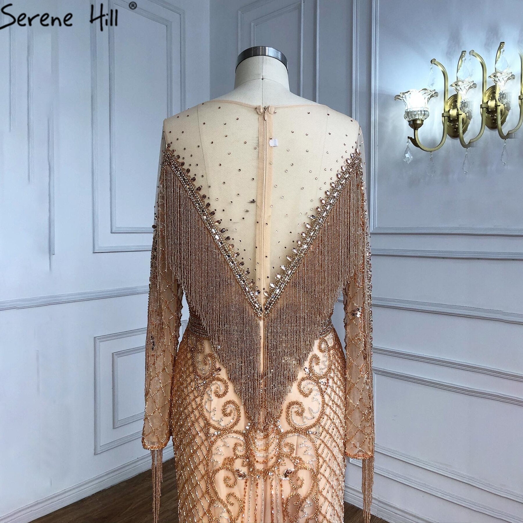 Vestidos de noche musulmanes dorados de lujo, 2025, con borlas de cuentas, elegantes para mujer, fiesta LA60780 