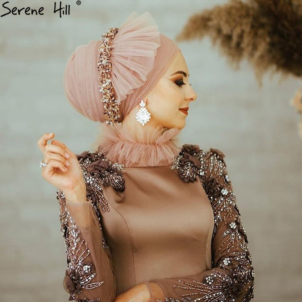 Vestidos de noche musulmanes dorados de lujo, con cuentas, para mujer, para fiesta de bodas, LA71069 
