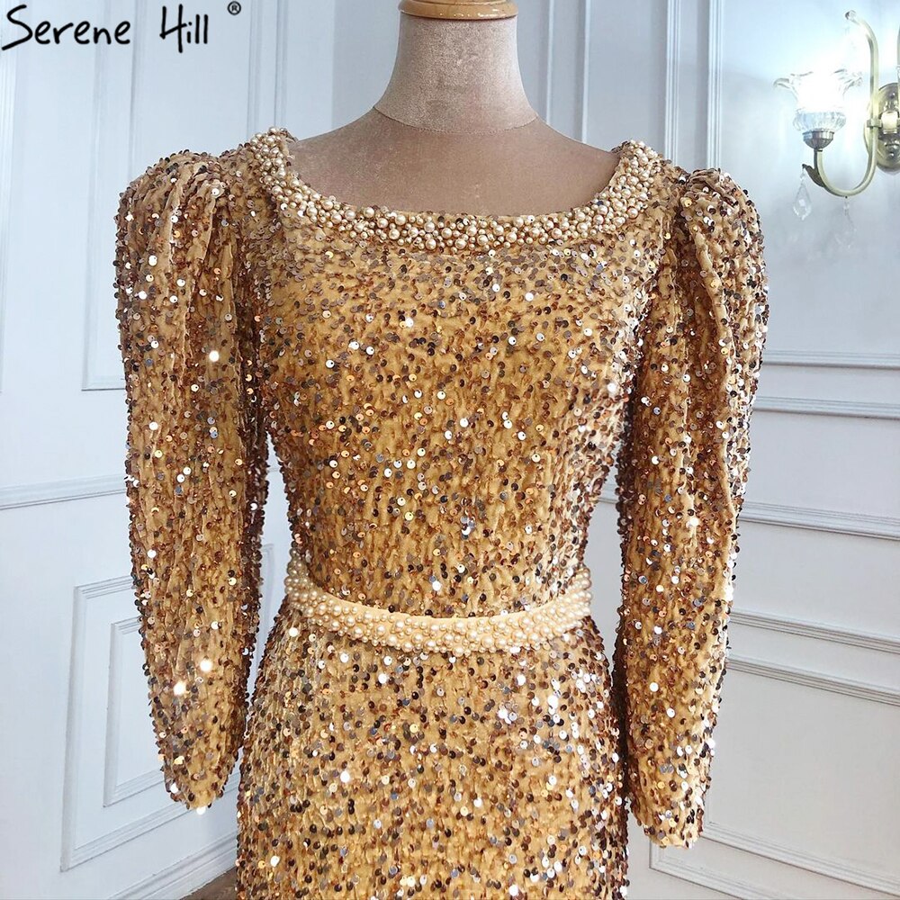 Muslimischen Gold Luxus Abendkleider Kleider 2025 Meerjungfrau Sparkle Elegante Formale Kleid LA71030 
