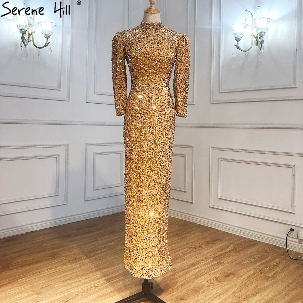 Muslimischen Gold Luxus Abendkleider Kleider 2025 Meerjungfrau Sparkle Elegante Formale Kleid LA71030 