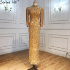 Muslimischen Gold Luxus Abendkleider Kleider 2025 Meerjungfrau Sparkle Elegante Formale Kleid LA71030 