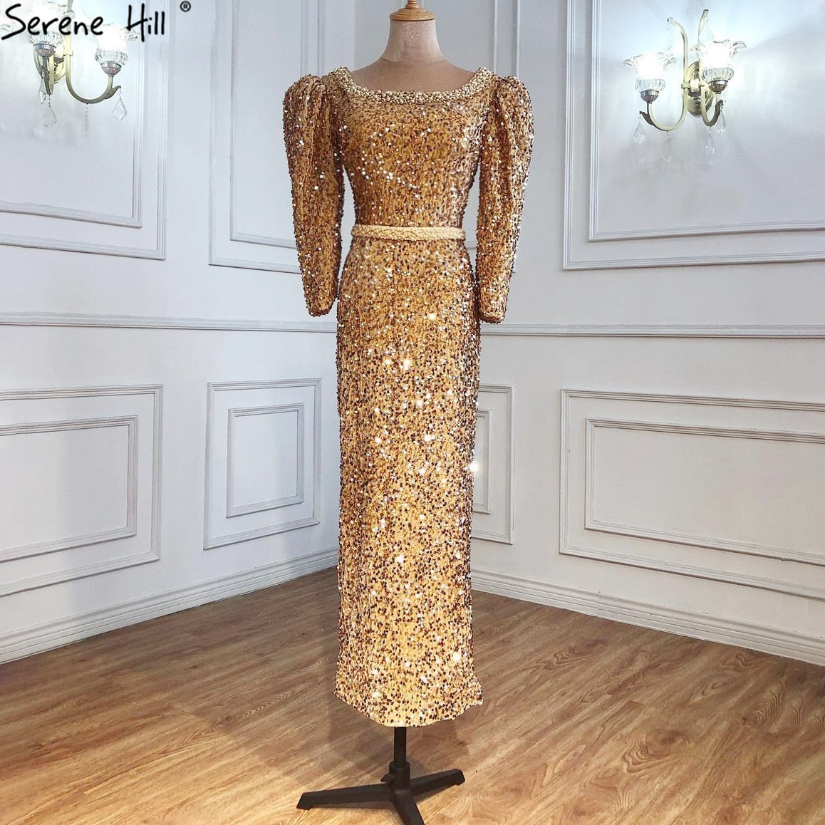 Muslimischen Gold Luxus Abendkleider Kleider 2025 Meerjungfrau Sparkle Elegante Formale Kleid LA71030 