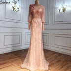 Muslim Gold Luxury Evening Dresses Gowns 2025 Puff Sleeves Mermaid Elegant For Women Party LA70984