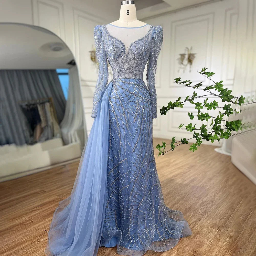 Luxury Muslim Gold Mermaid Beaded Dubai Evening Dresses with Overskirt LA72206