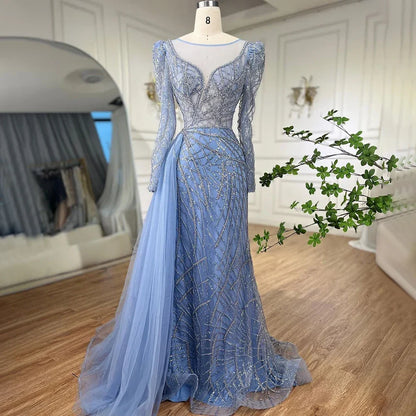 Luxury Muslim Gold Mermaid Beaded Dubai Evening Dresses with Overskirt LA72206